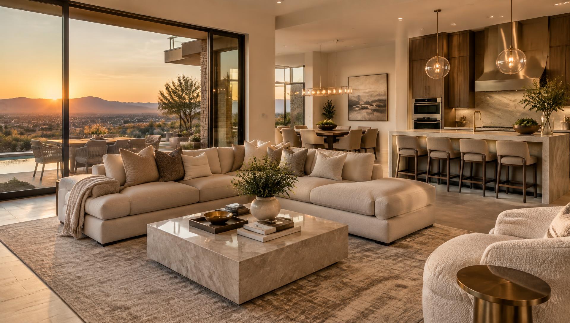 Warm sunlit living room with views of the Southern Nevada desert