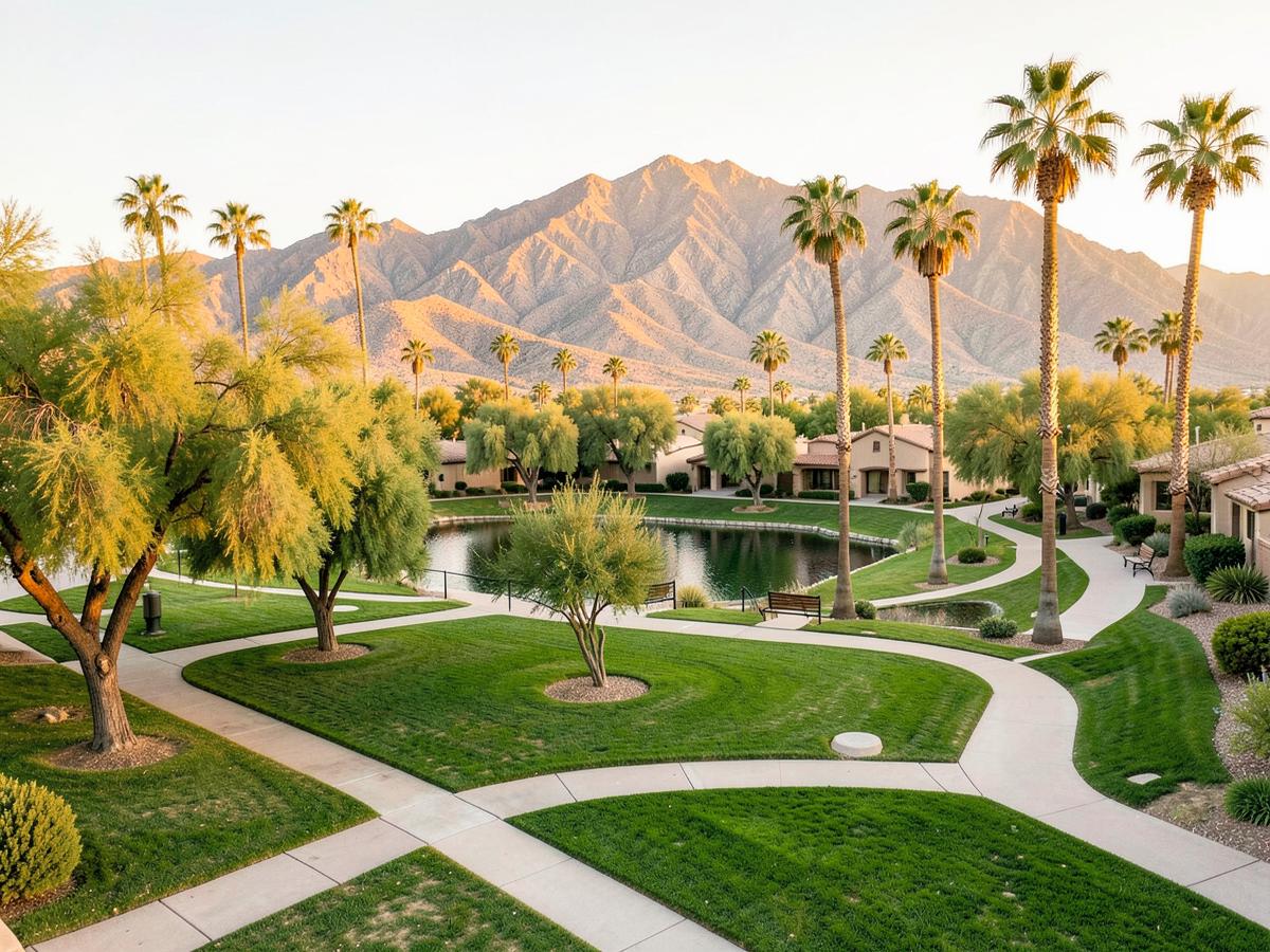 Henderson community park with walking trails, a lake, and mountains in warm evening light