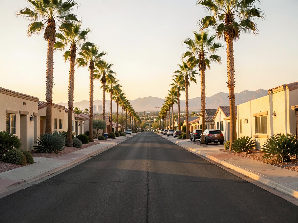 Palm-lined Las Vegas residential street at golden hour with the valley and mountains beyond