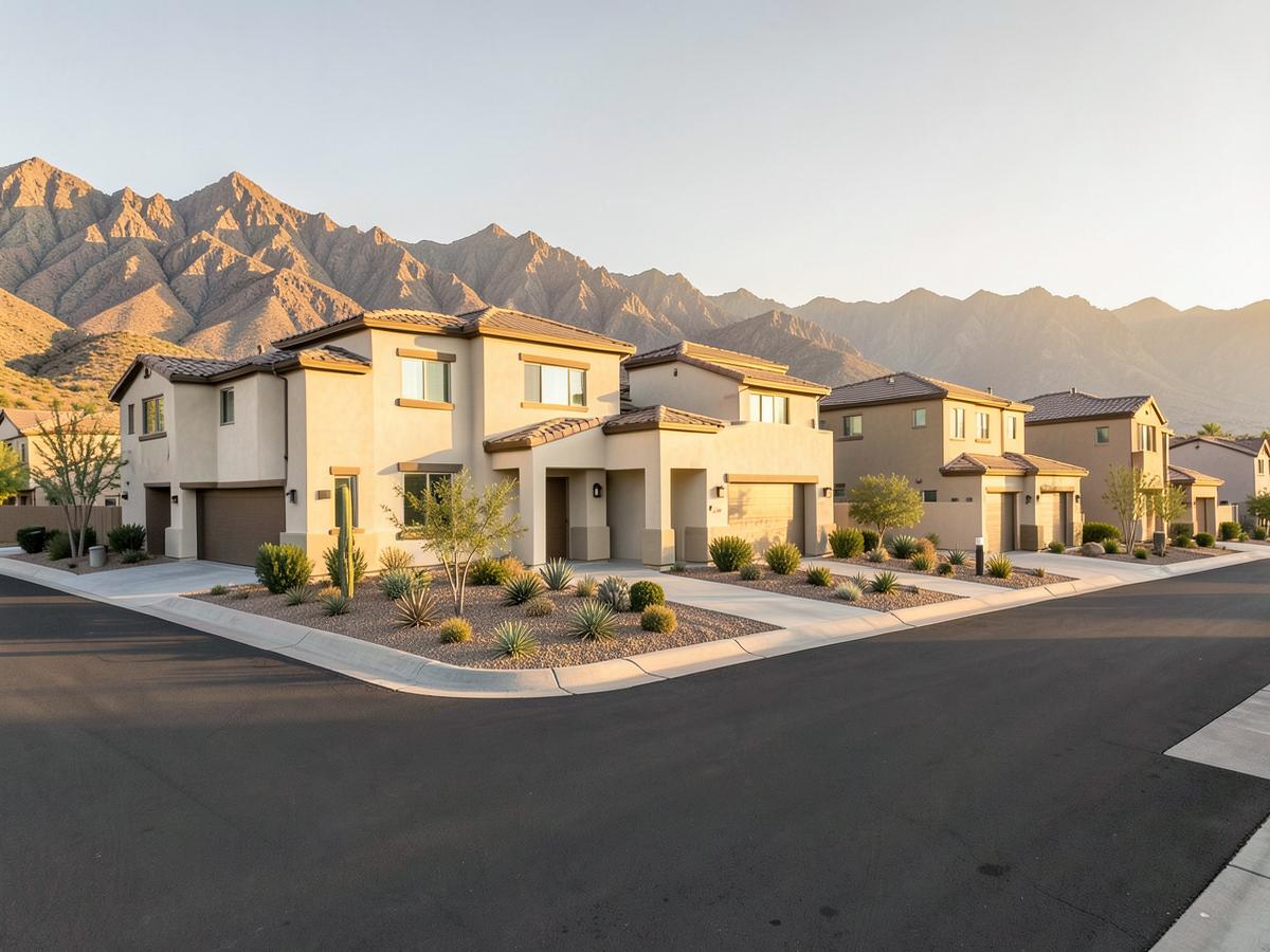 New-construction homes in North Las Vegas with desert mountains in soft morning light