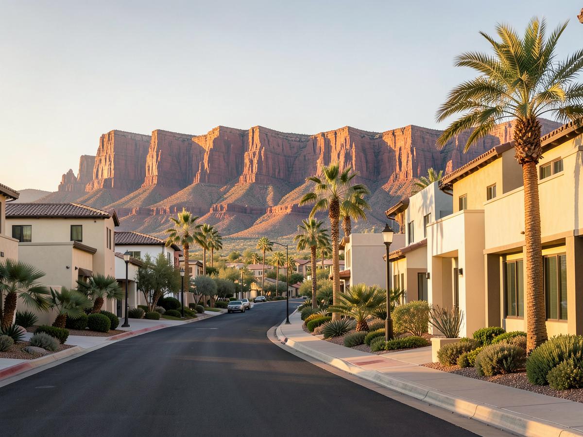 Summerlin master-planned community street with Red Rock Canyon cliffs in the background