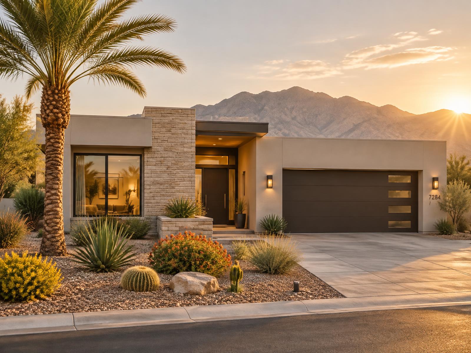 Vivienda moderna del sur de Nevada con paisaje desértico al atardecer
