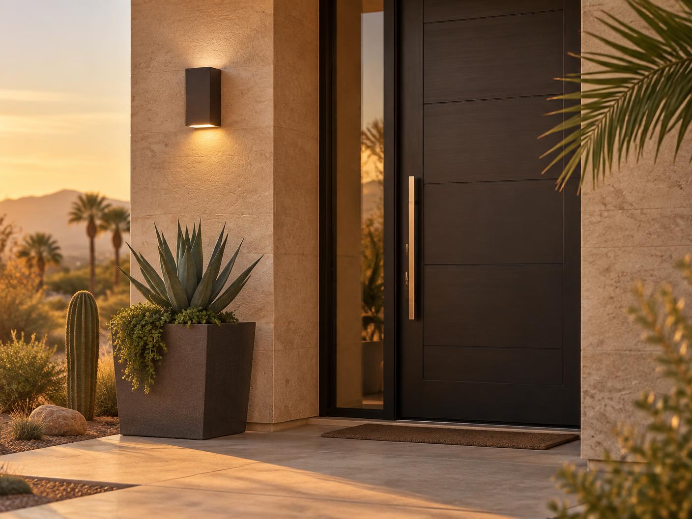 Entrada iluminada de una vivienda contemporánea del sur de Nevada
